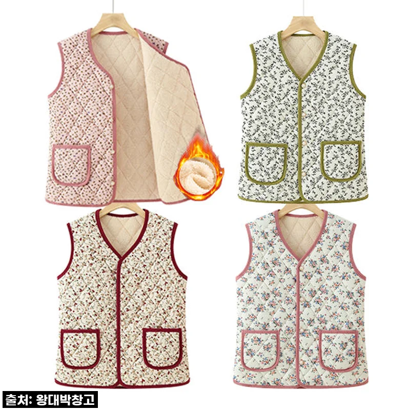 김장 겨울 기모 보온 조끼 엄마 어르신 할머니 경량 이너 패딩 베스트 누빔 촌캉스 꽃무늬조끼