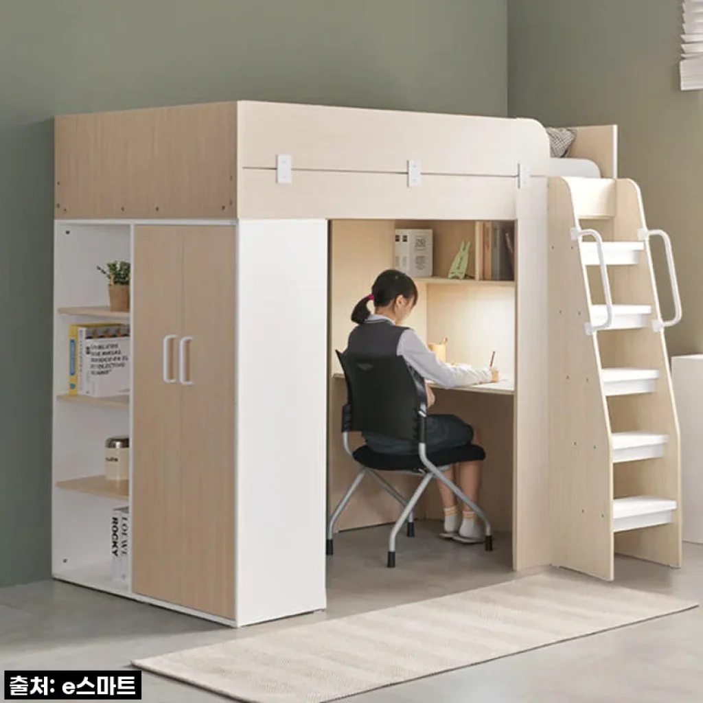 e스마트 퓨어 2층 성인 책상 수납 벙커침대 프레임 옷장형 SS, 우리 아이 방에 마법을!